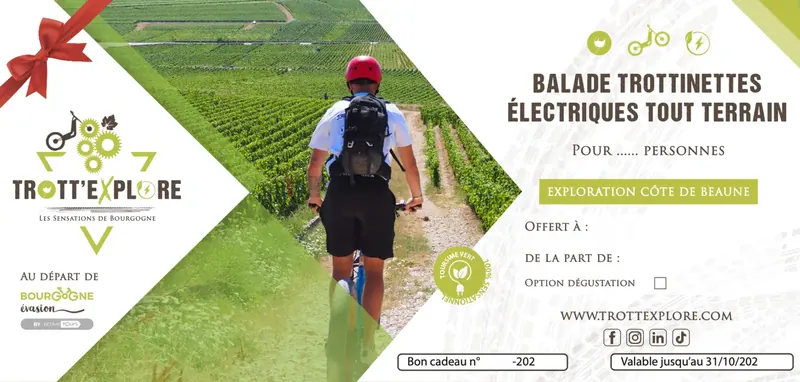 Bon cadeau Trott'Explore, recto : balade en trottinettes électriques tout-terrain, exploration de la Côte de Beaune