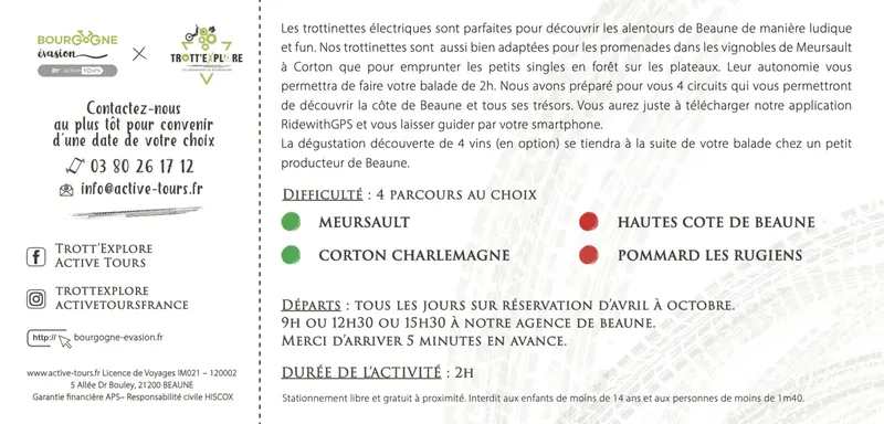 Bon cadeau Trott'Explore, verso : 4 parcours au choix, départs à 9 h, 12 h 30 ou 15 h 30, durée 2 h
